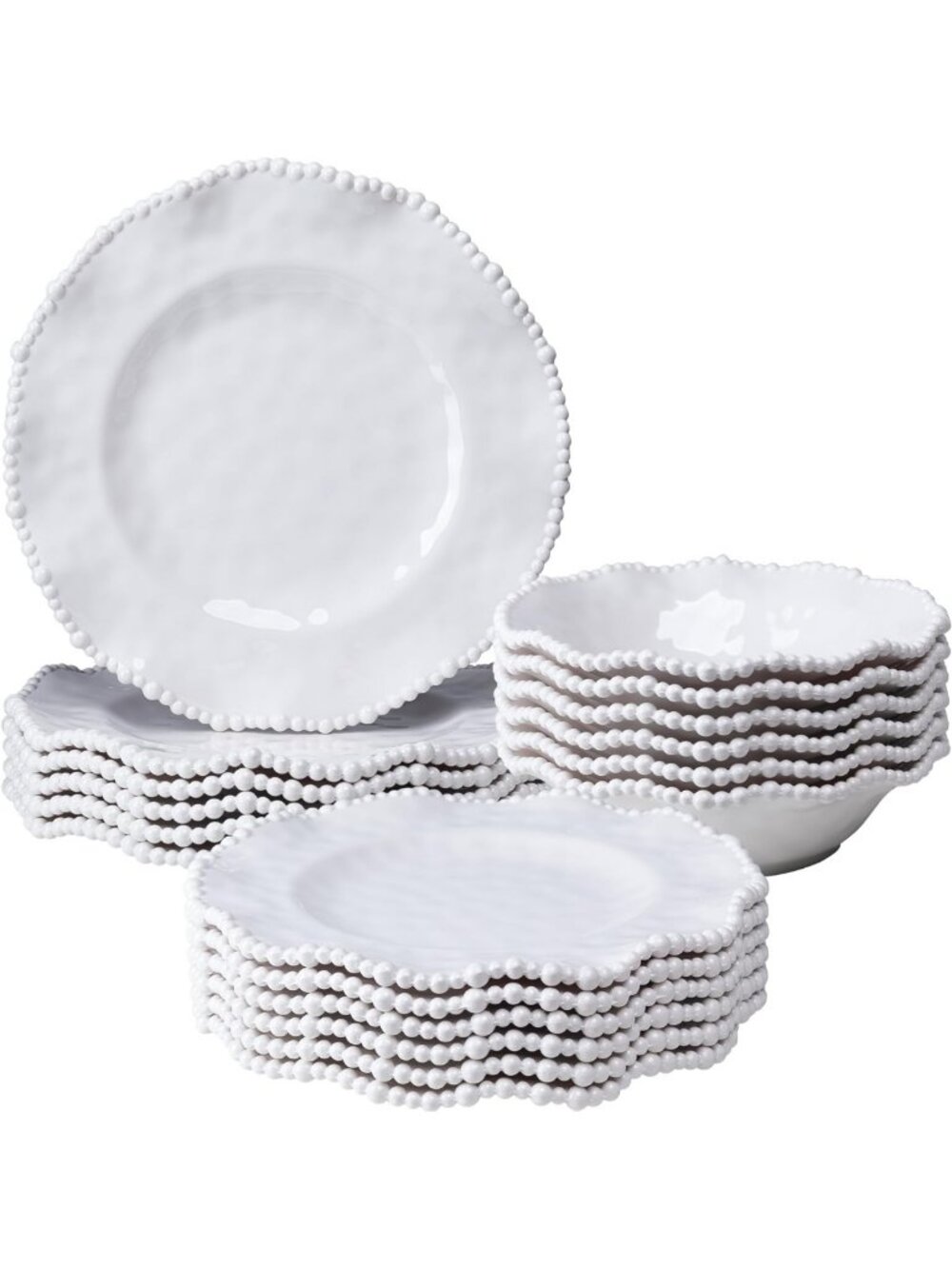 Creamy Beaded Melamine Dinnerware Set, 18-Piece Farmhouse Plates & Bowls